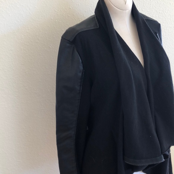 Black vegan leather and jersey moto jacket - Picture 2 of 6